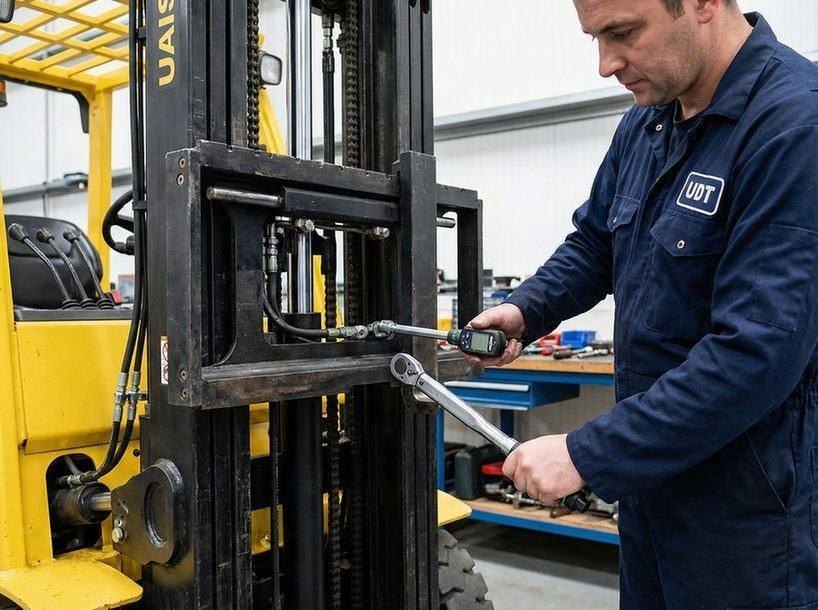 Serwisant w kasku inspektujący wózek widłowy podczas konserwacji UDT w Rzeszowie