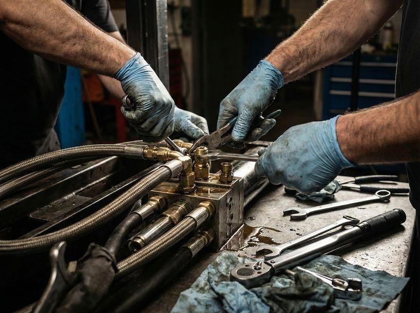 Serwisant przeprowadzający naprawę układu hydraulicznego wózka widłowego w warsztacie