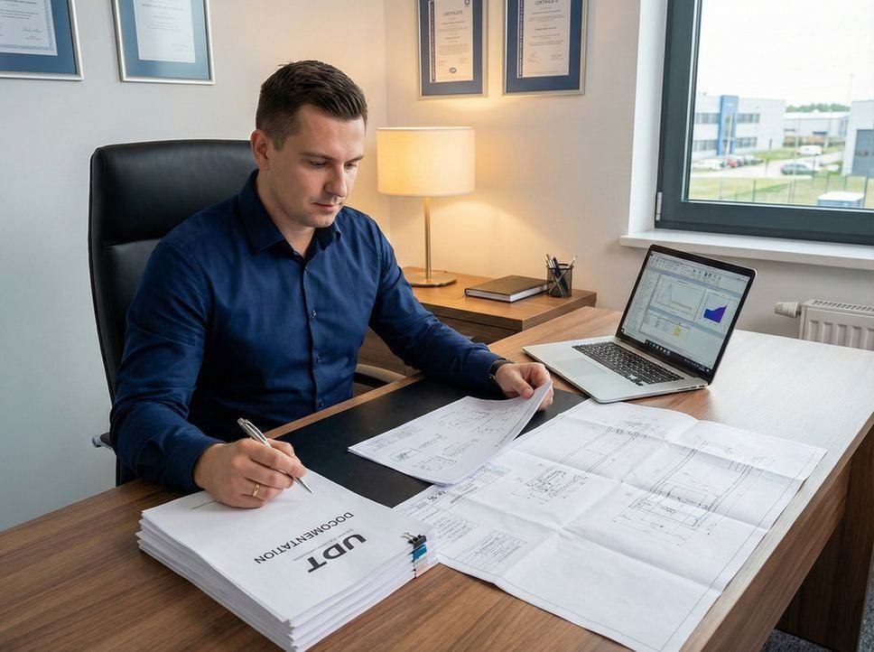 Specjalista UDT przeglądający dokumenty rejestracyjne urządzenia technicznego przy biurku